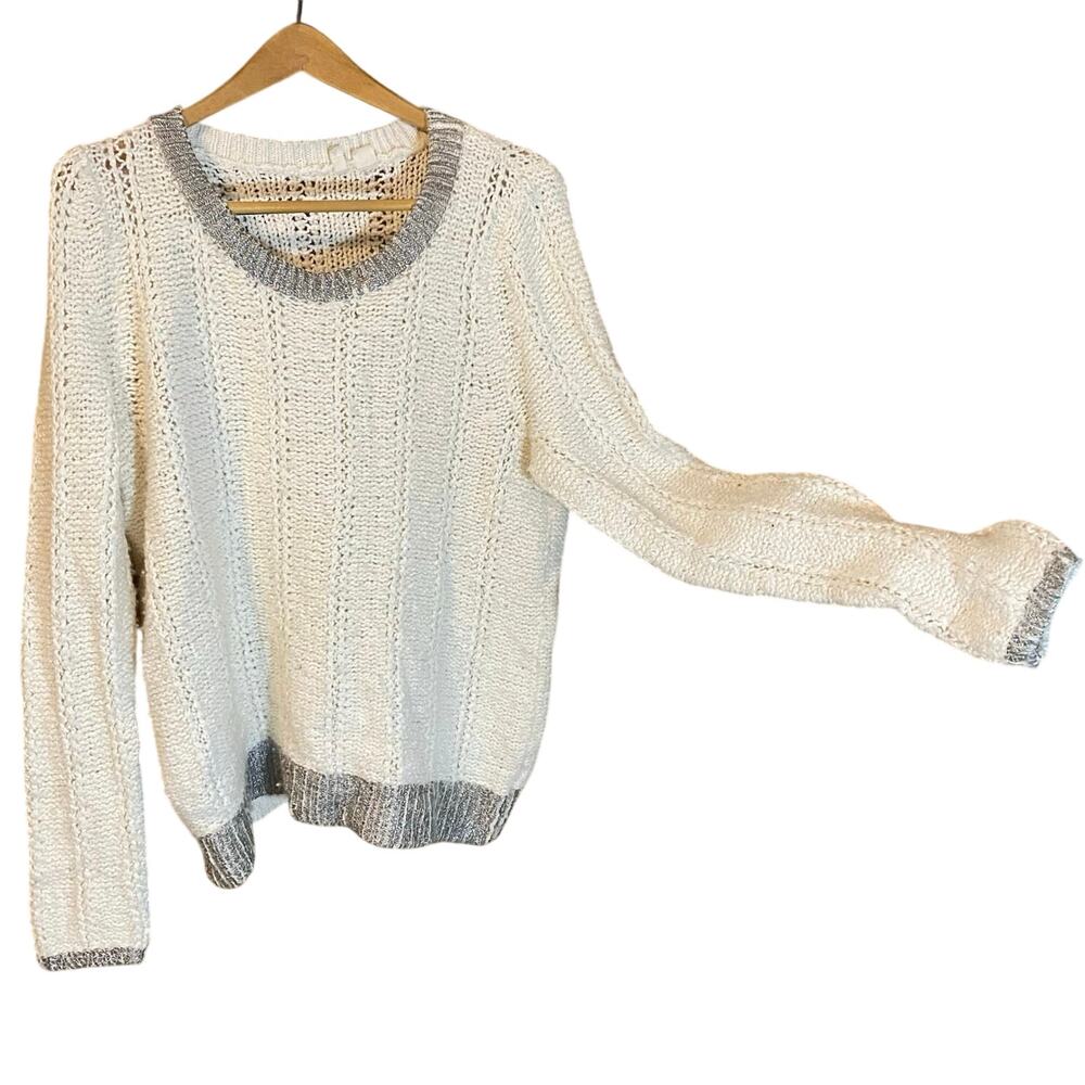 Anthropologie Moth Metallic Trim Knit Sweater XL Cream Chunky Textured Pullover